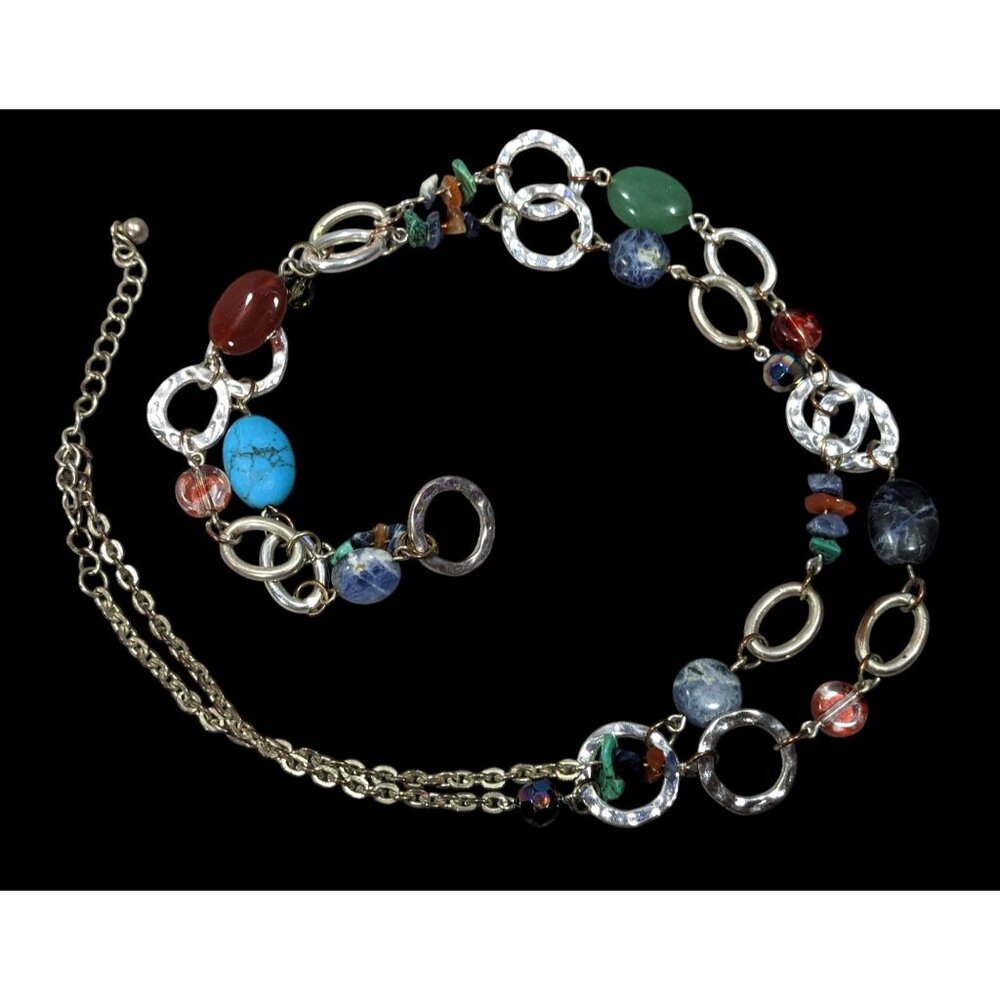 Rainbow Stone And Glass Beaded Silver Tone Hammered Circle Link Chain Necklace